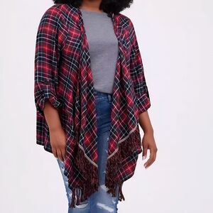 Torrid | Plaid Flannel Drape Open Front Fringe Hem 3rd Piece Kimono Top 0/12/L